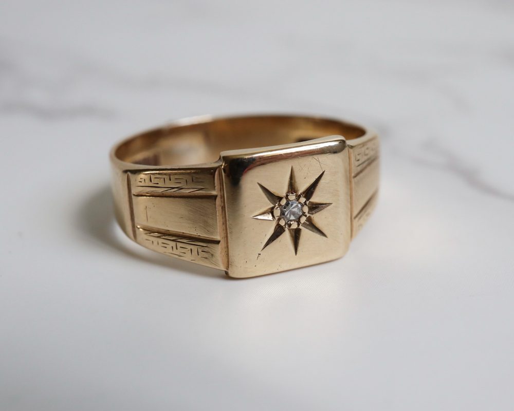 vintage 9ct gold and diamond signet ring for a man or woman