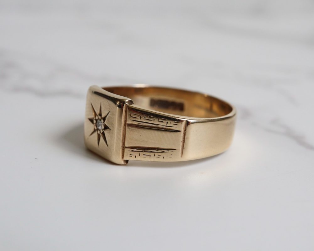vintage 9ct gold and diamond signet ring for a man or woman