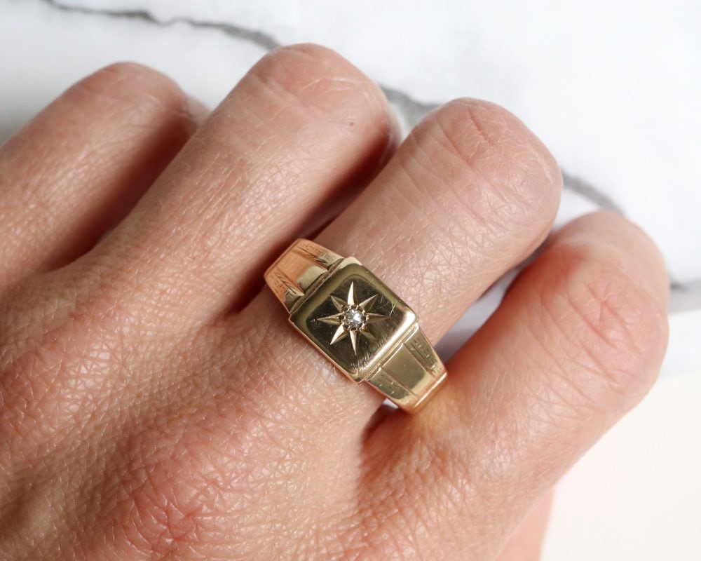 vintage 9ct gold and diamond signet ring for a man or woman