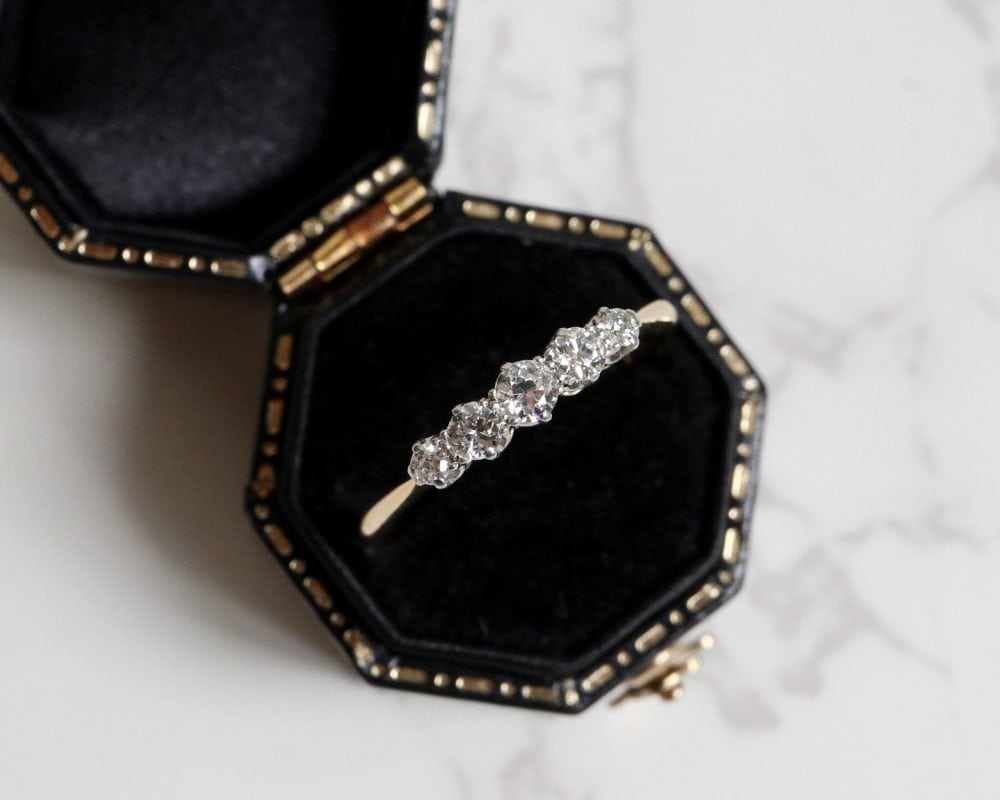 antique diamond five stone ring circa 1920s set in platinum and 18ct yellow gold for sale in leeds, Yorkshire