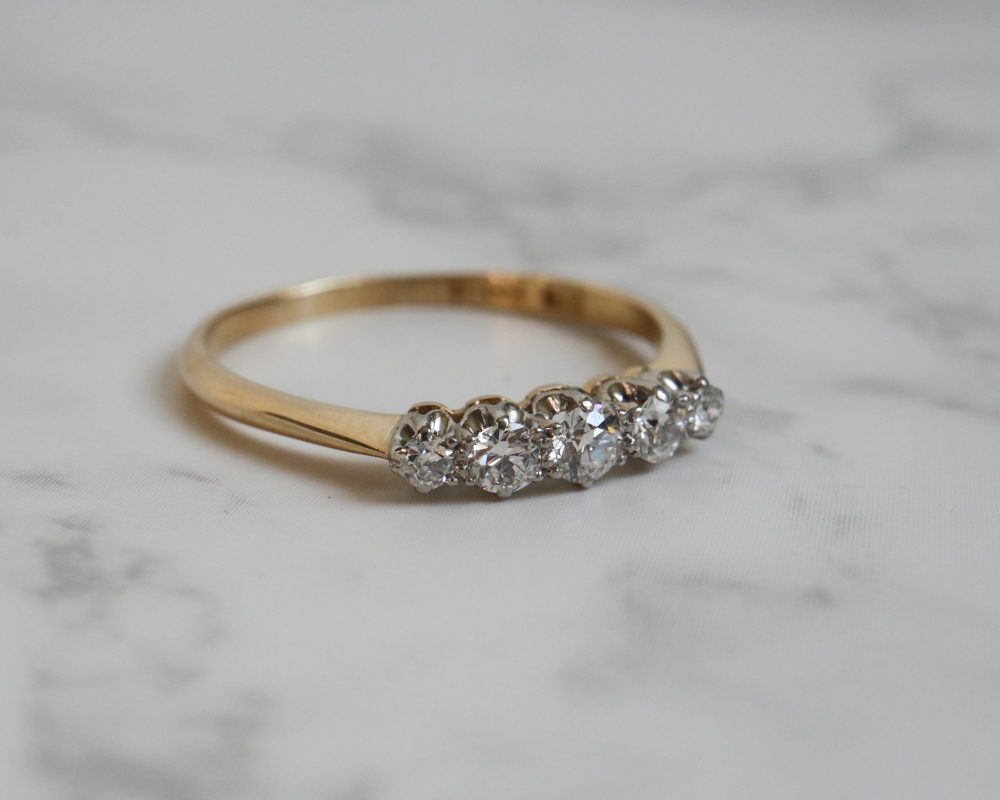 antique diamond five stone ring circa 1920s set in platinum and 18ct yellow gold for sale in leeds, Yorkshire