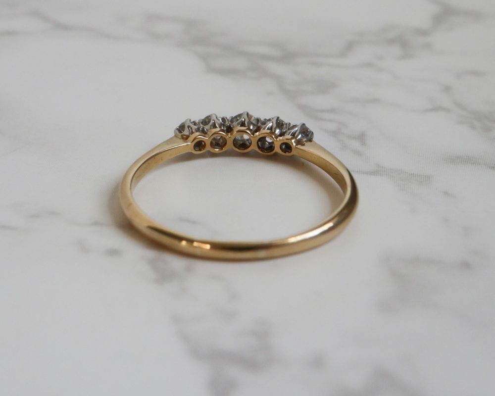 antique diamond five stone ring circa 1920s set in platinum and 18ct yellow gold for sale in leeds, Yorkshire
