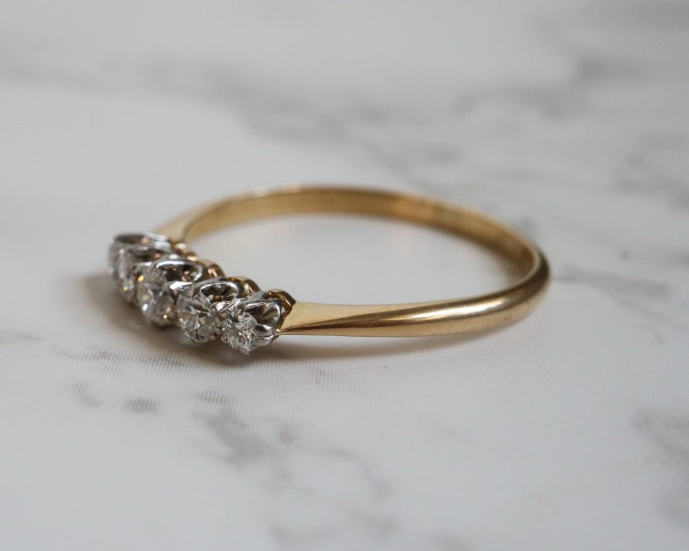 antique diamond five stone ring circa 1920s set in platinum and 18ct yellow gold for sale in leeds, Yorkshire