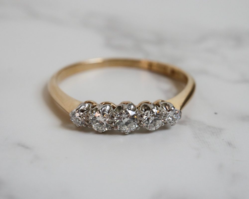 antique diamond five stone ring circa 1920s set in platinum and 18ct yellow gold for sale in leeds, Yorkshire