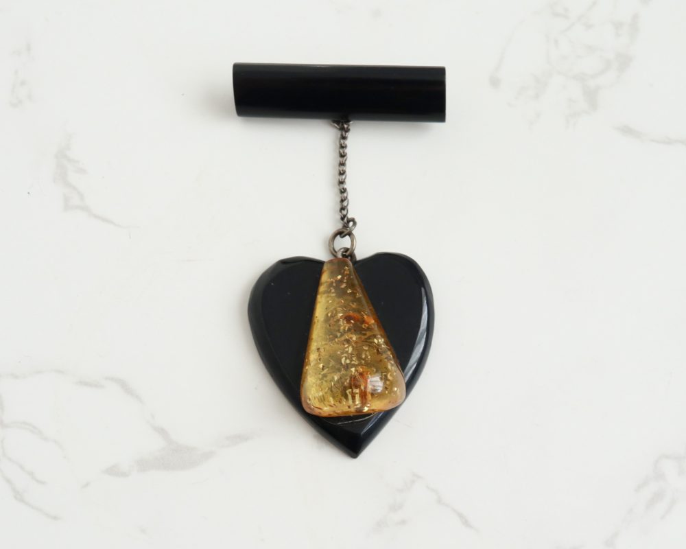 Antique Whitby Jet and amber fob brooch for sale in Leeds, Yorkshire