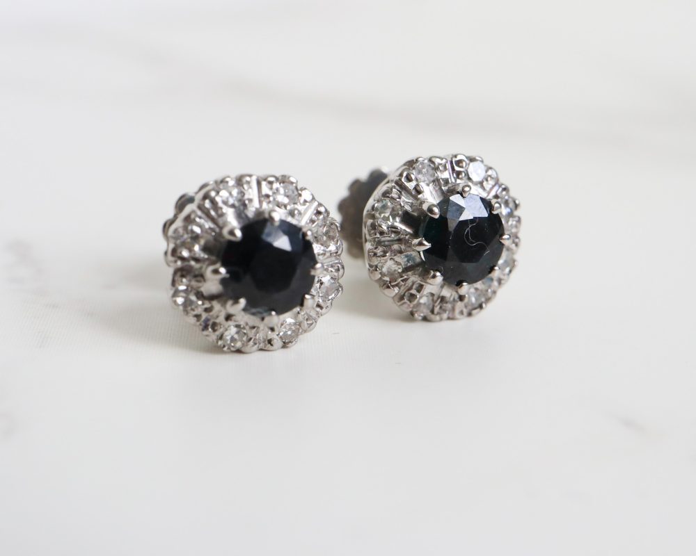 IMG_3094 Antique 1930s sapphire and diamond stud earrings in 18ct white gold for sale in Leeds, Yorkshire