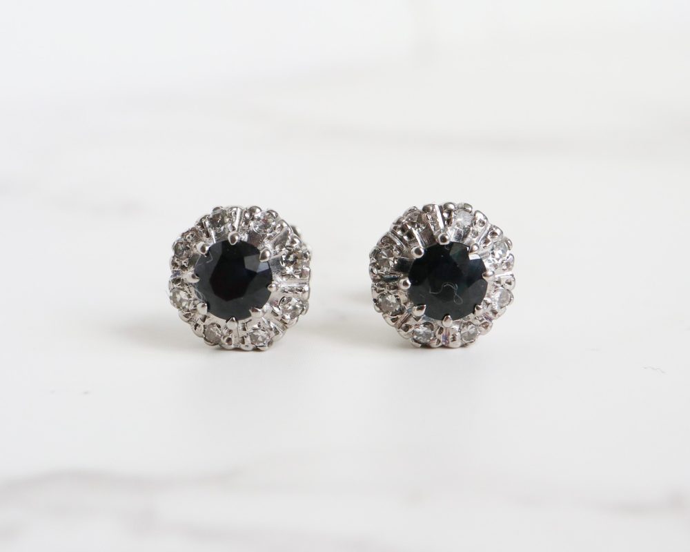 Antique 1930s sapphire and diamond stud earrings in 18ct white gold for sale in Leeds, Yorkshire
