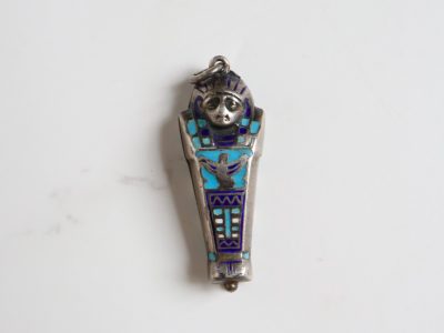 Egyptian revival sarcophagus charm in silver and enamel for sale in Leeds, Yorkshire