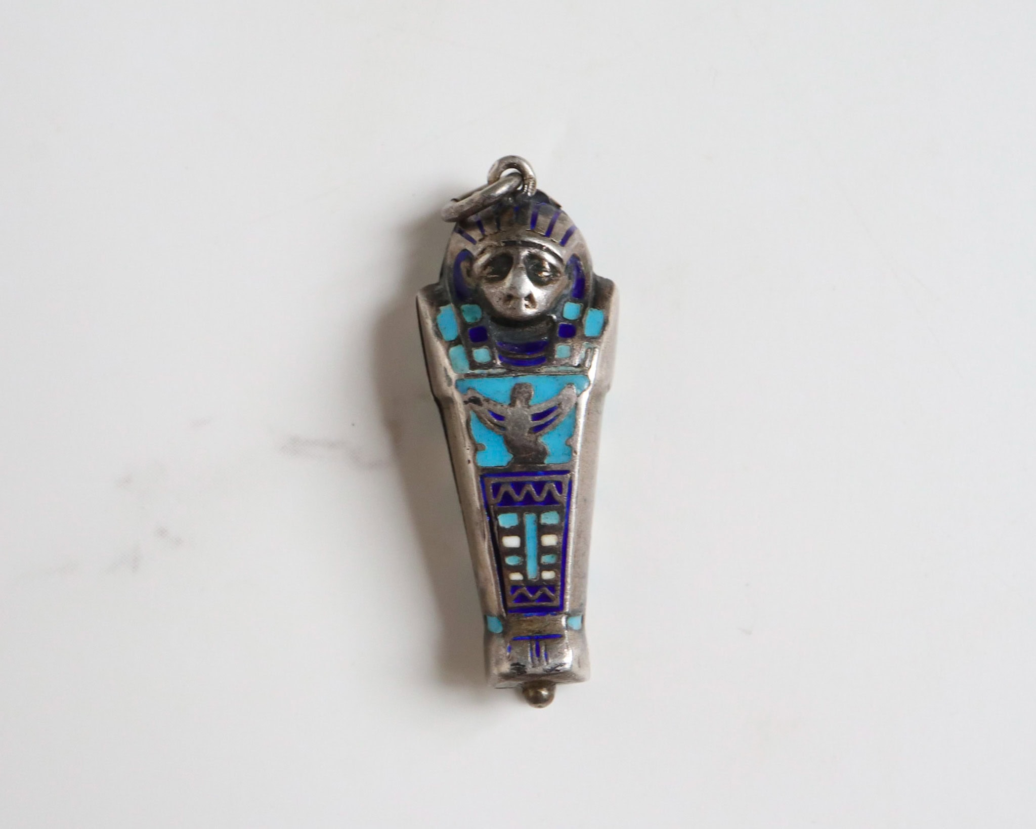 Egyptian revival sarcophagus charm in silver and enamel for sale in Leeds, Yorkshire