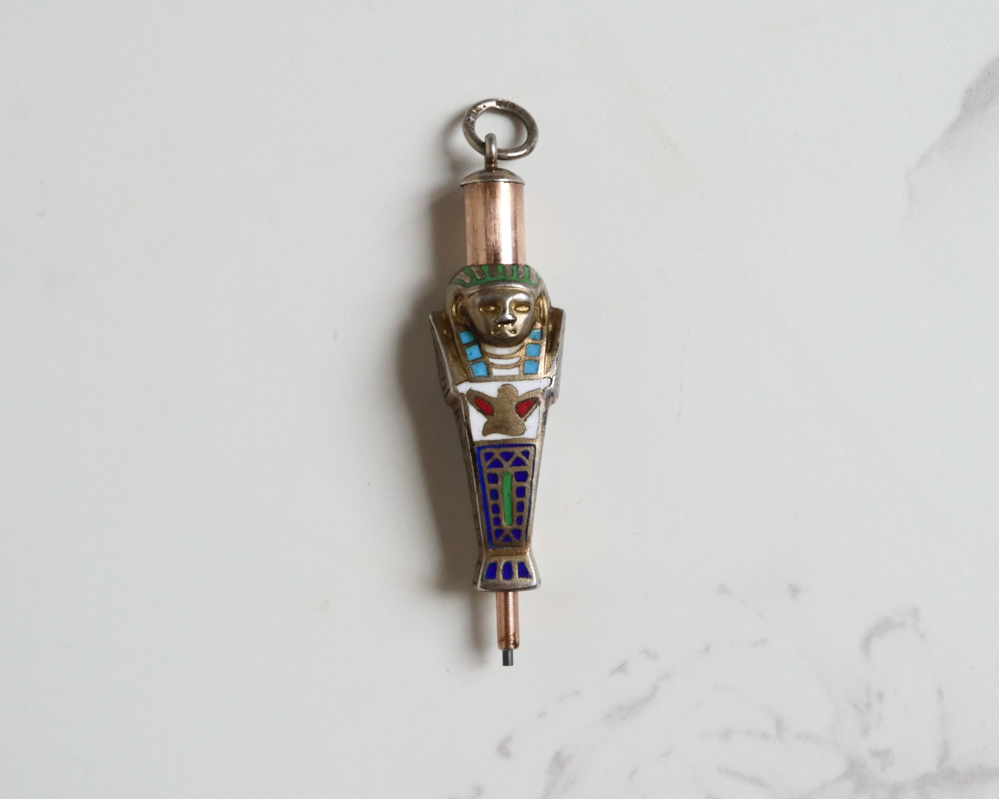 Egyptian revival sarcophagus pencil charm in silver and enamel for sale in Leeds, Yorkshire
