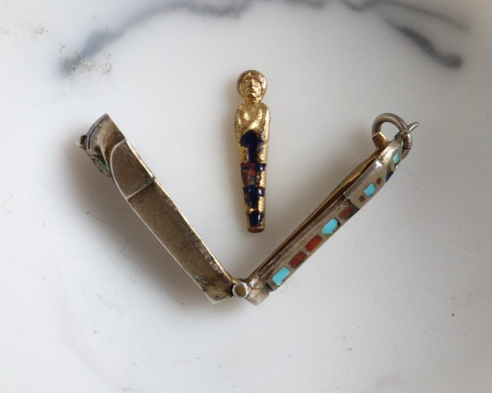 Egyptian revival sarcophagus charm in silver and enamel for sale in Leeds, Yorkshire