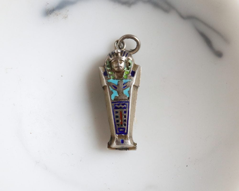 IMG_3857 Egyptian revival sarcophagus charm in silver and enamel for sale in Leeds, Yorkshire