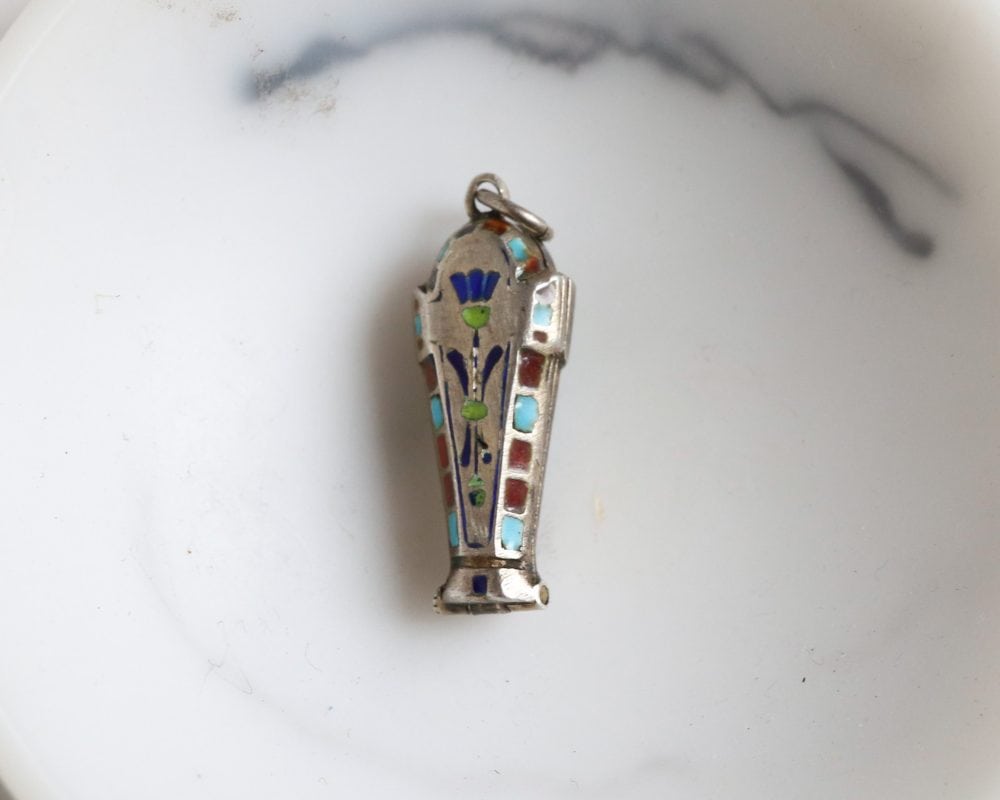Egyptian revival sarcophagus charm in silver and enamel for sale in Leeds, Yorkshire