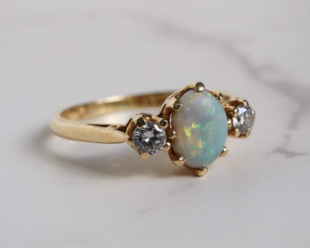 Vintage opal and diamond ring in 18ct yellow gold for sale in Leeds