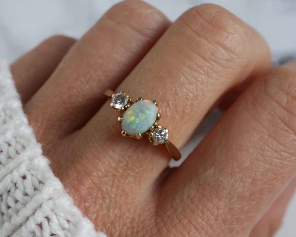 Vintage opal and diamond ring in 18ct yellow gold for sale in Leeds
