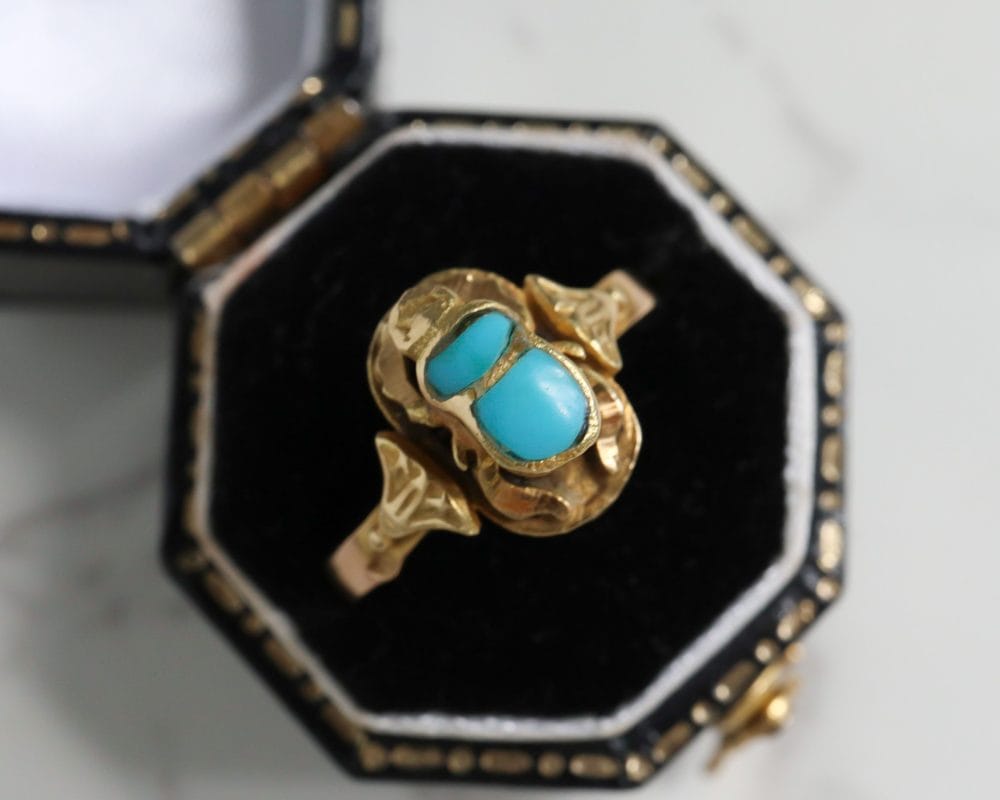 Antique Egyptian Revival scarab beetle ring in 18ct gold and turquoise