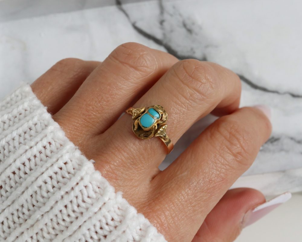 Antique Egyptian Revival scarab beetle ring in 18ct gold and turquoise