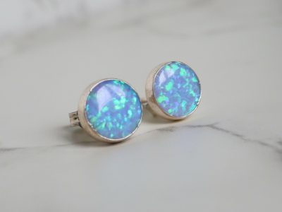 Silver and opal round set studs for pierced ears