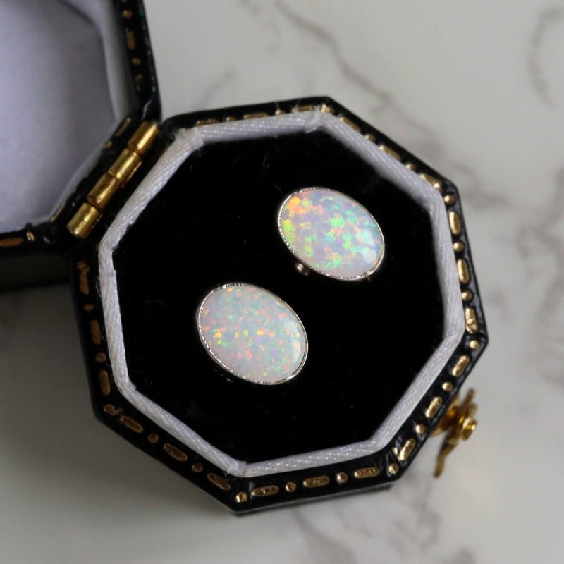 Silver and opal oval set studs for pierced ears
