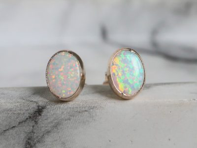 Silver and opal oval set studs for pierced ears