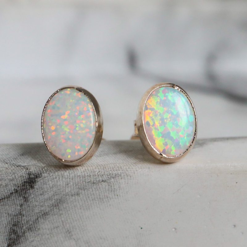 Silver and opal oval set studs for pierced ears