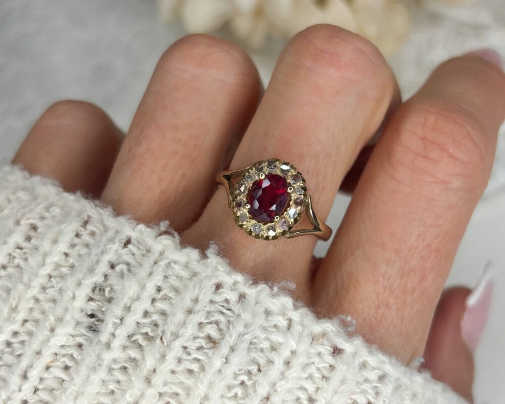 Victorian ruby and diamond cluster ring for sale in Leeds, Yorkshire