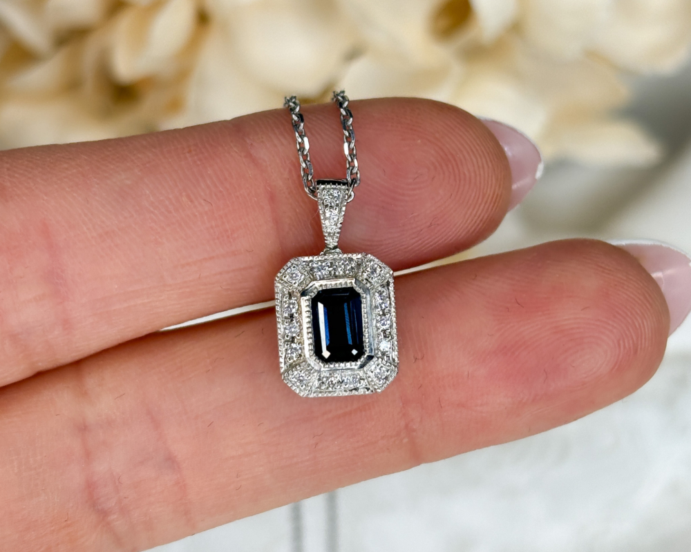 art deco style sapphire and diamond necklace in 9ct white gold