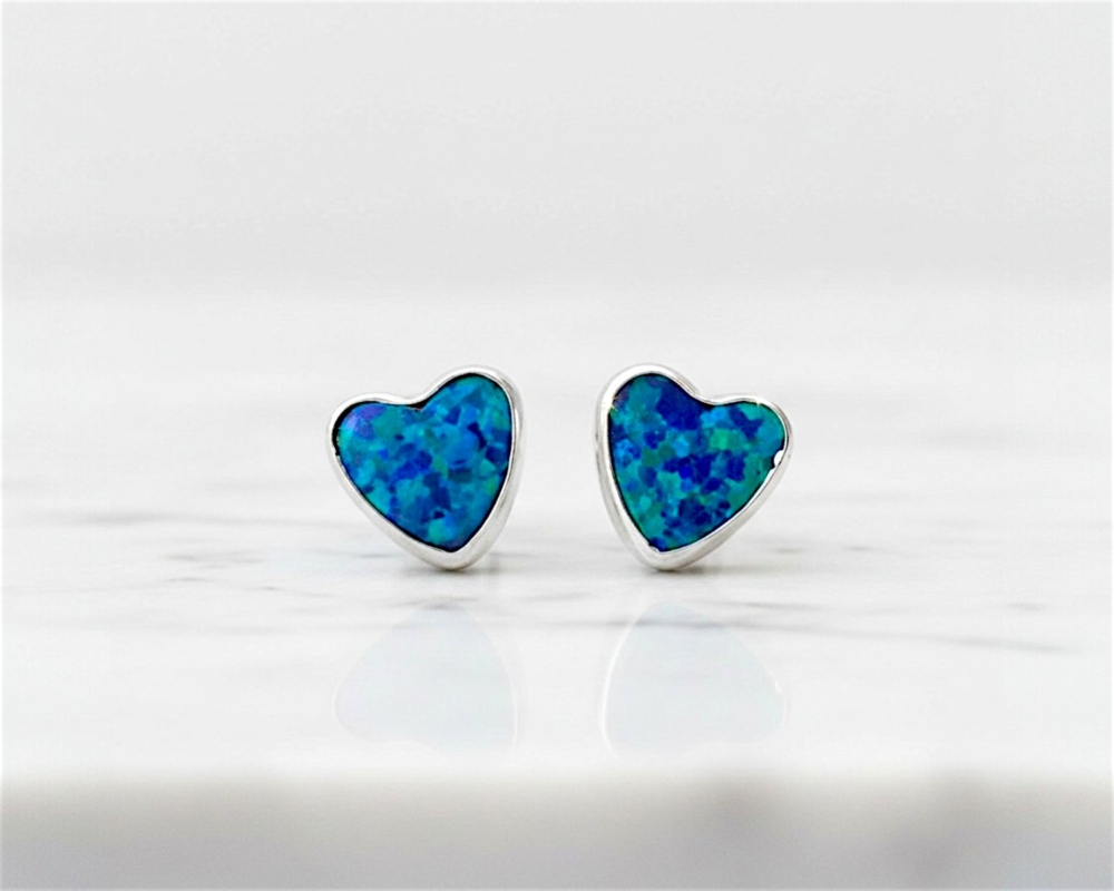 dark blue opal heart studs silver and dark blue heart shaped opal studs for sale