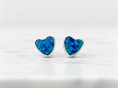 silver and dark blue heart shaped opal studs for sale