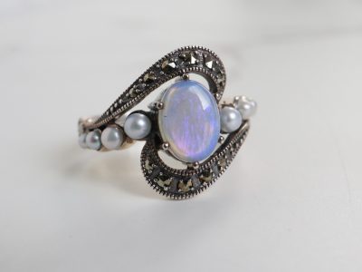 Vintage style silver, opal, pearl and marcasite ring