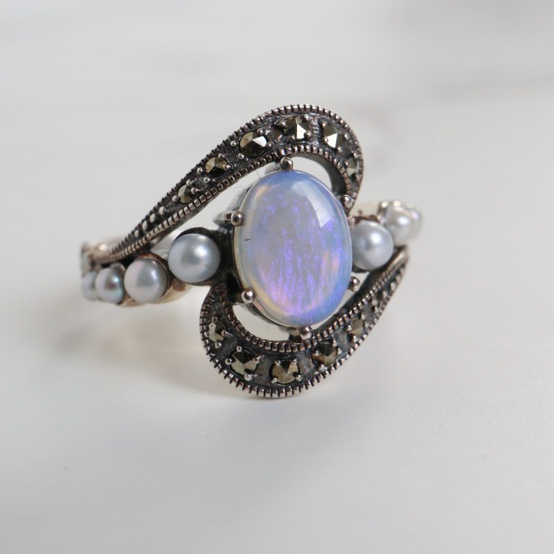 Vintage style silver, opal, pearl and marcasite ring
