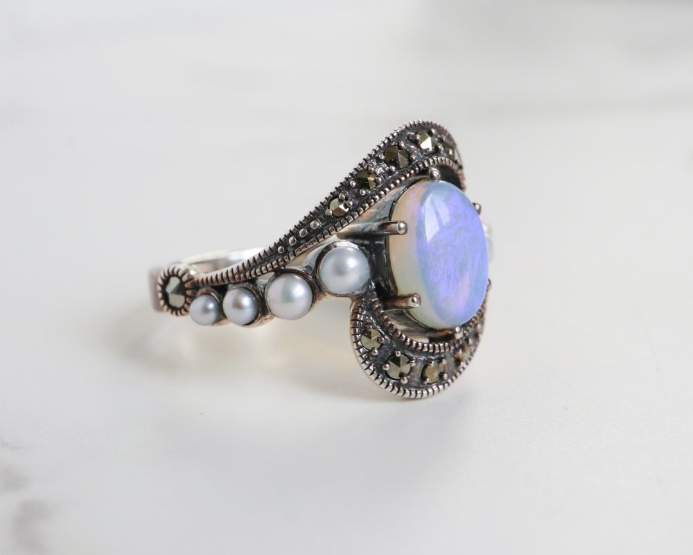 Vintage style silver, opal, pearl and marcasite ring