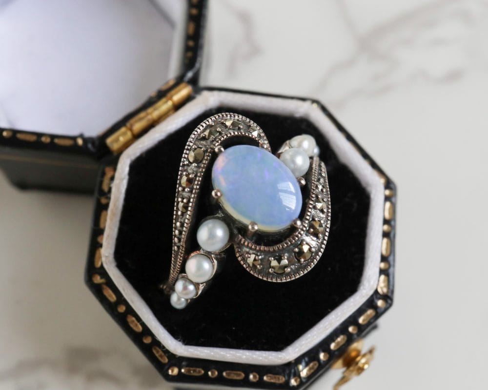 Vintage style silver, opal, pearl and marcasite ring
