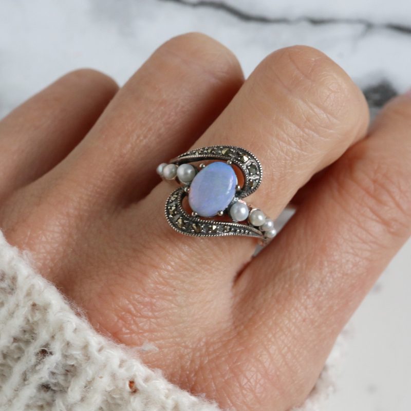 Vintage style silver, opal, pearl and marcasite ring