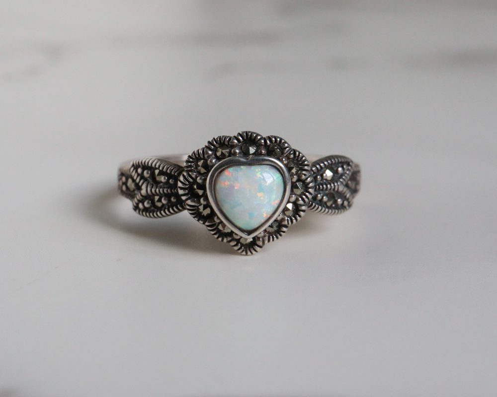 IMG_4606 (1) Vintage style silver, opal and marcasite heart ring for sale in Leeds, Yorkshire