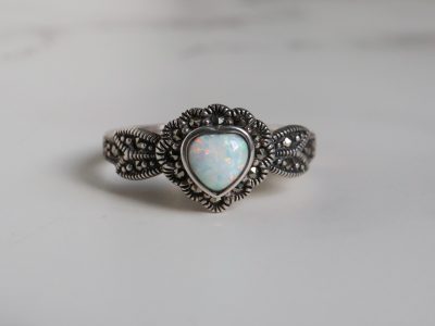 Vintage style silver, opal and marcasite heart ring for sale in Leeds, Yorkshire
