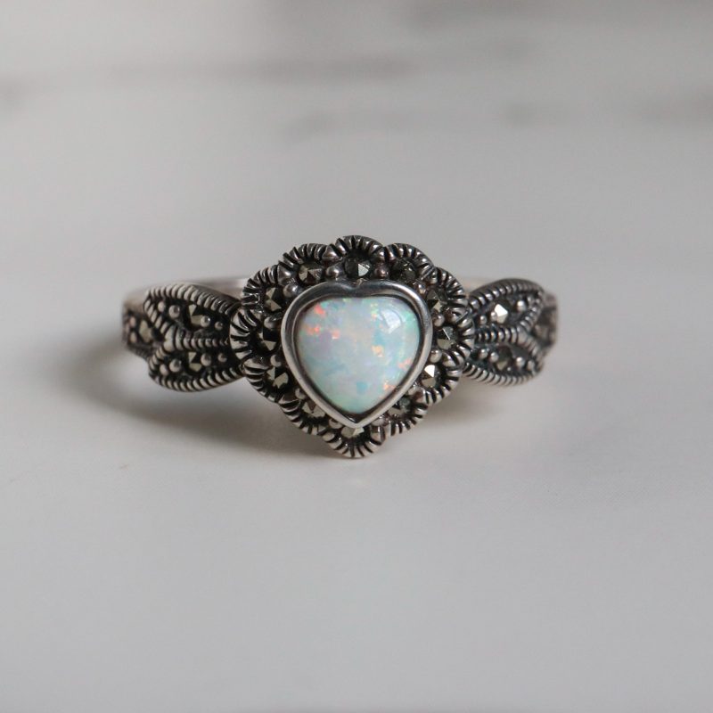 Vintage style silver, opal and marcasite heart ring for sale in Leeds, Yorkshire