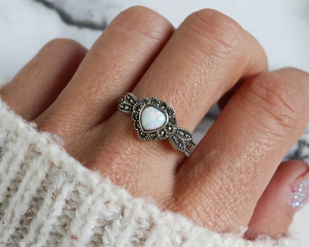 Vintage style silver, opal and marcasite heart ring for sale in Leeds, Yorkshire