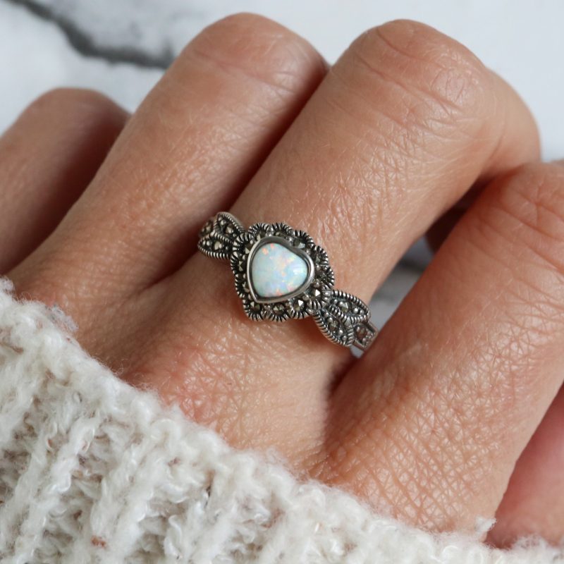 Vintage style silver, opal and marcasite heart ring for sale in Leeds, Yorkshire