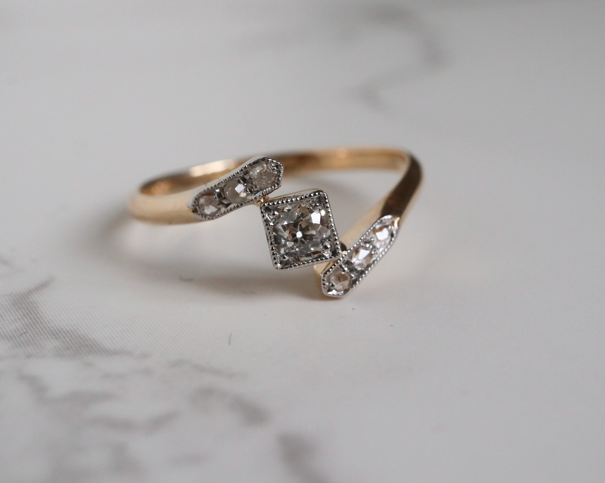 Art Deco diamond ring set in 18ct yellow gold and platinum for sale in Leeds, Yorkshire