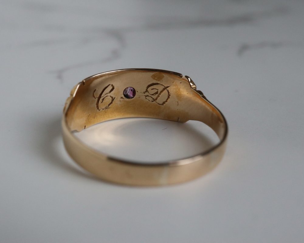 Edwardian ruby and pearl gypsy ring in 18ct yellow gold for sale in Leeds, Yorkshire