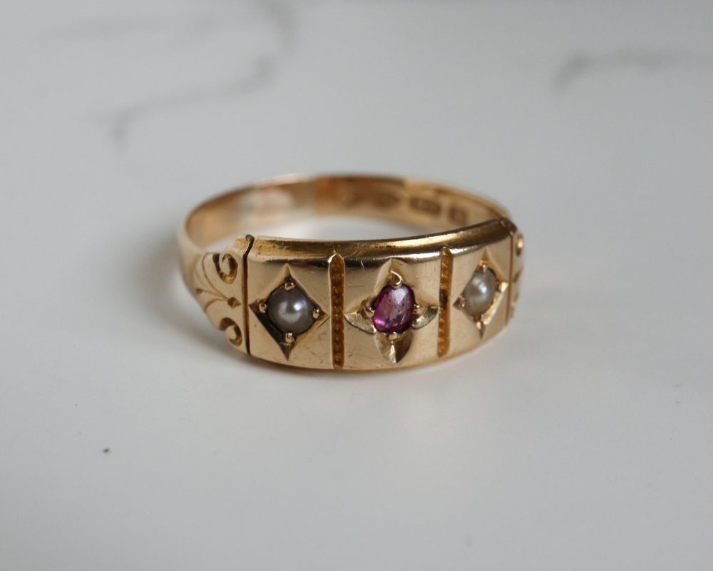 Edwardian ruby and pearl gypsy ring in 18ct yellow gold for sale in Leeds, Yorkshire