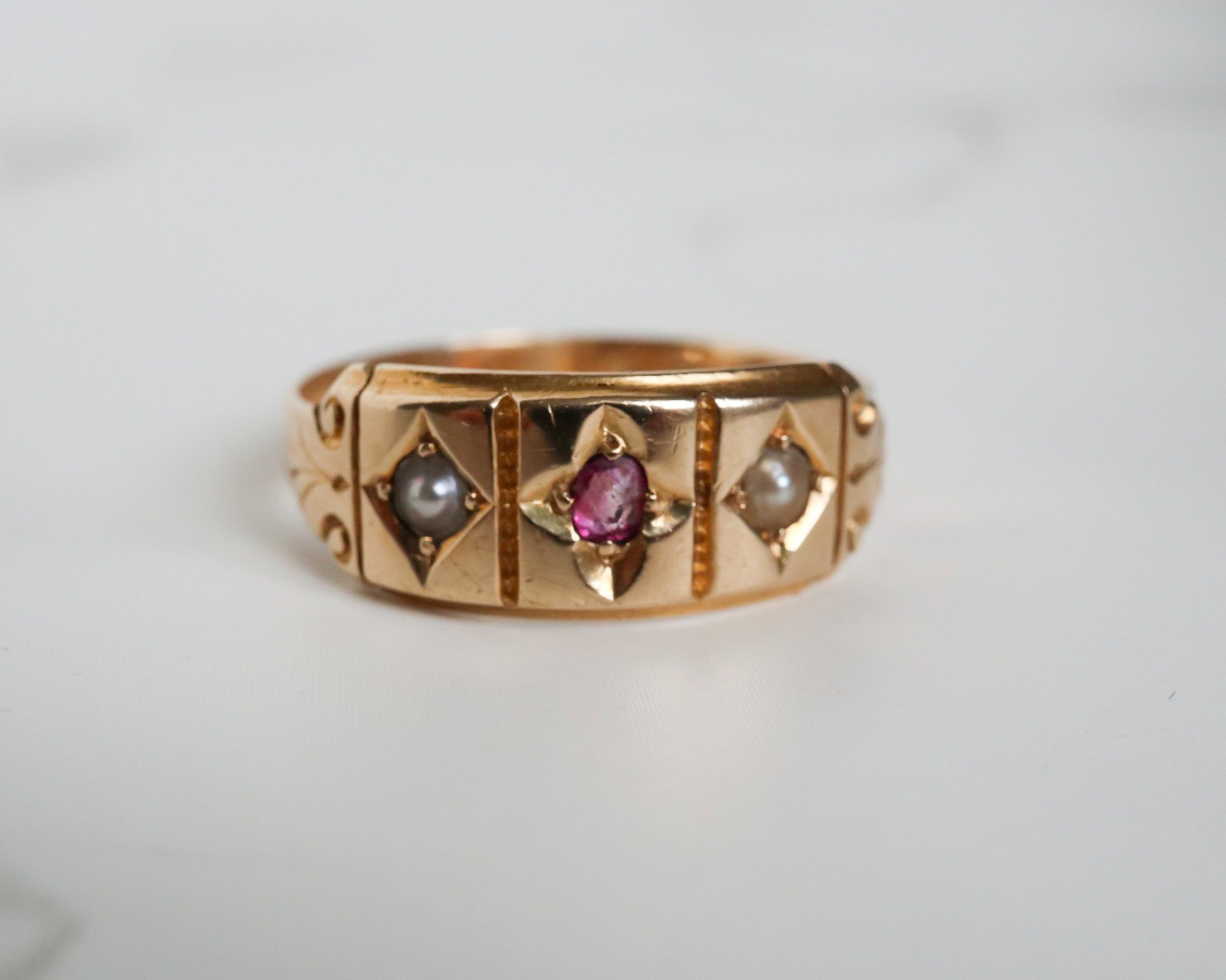 Edwardian ruby and pearl gypsy ring in 18ct yellow gold for sale in Leeds, Yorkshire