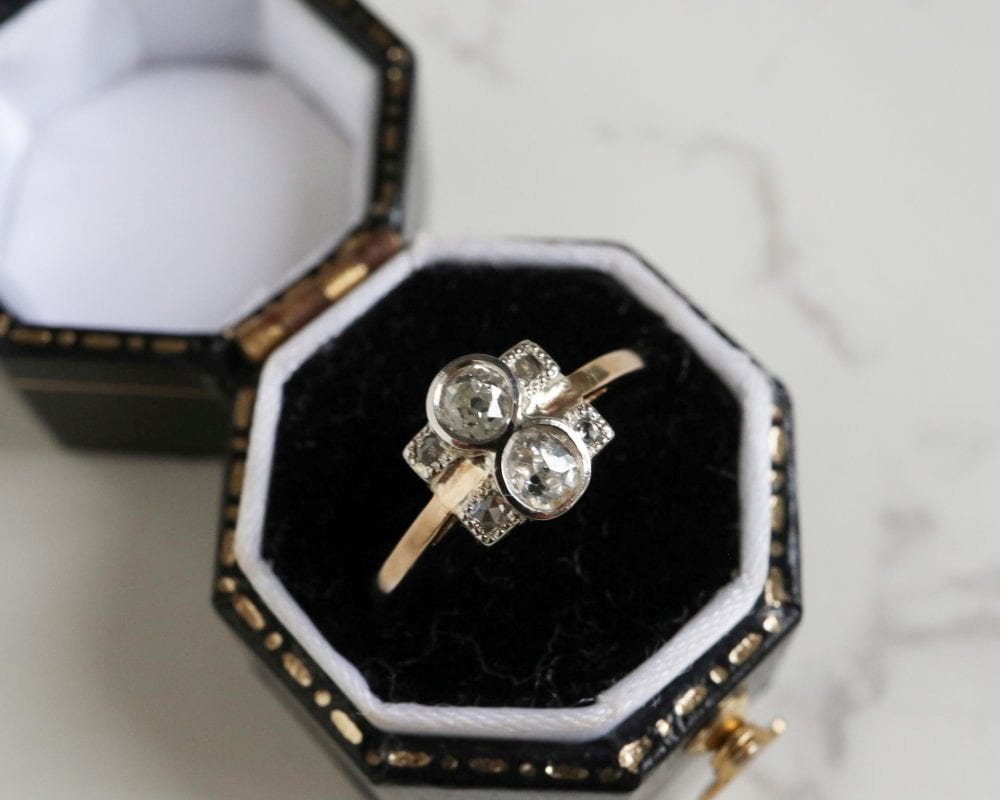 Art Deco diamond two stone ring set in 18ct yellow gold and platinum for sale in Leeds, Yorkshire
