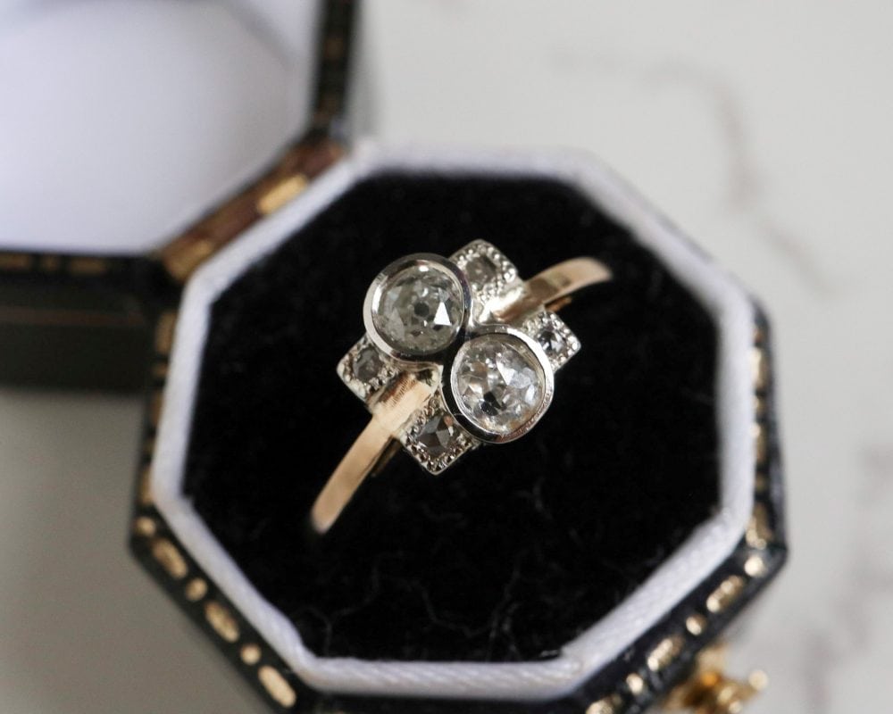 Art Deco diamond two stone ring set in 18ct yellow gold and platinum for sale in Leeds, Yorkshire