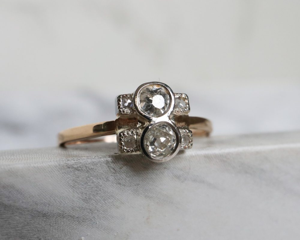 Art Deco diamond two stone ring set in 18ct yellow gold and platinum for sale in Leeds, Yorkshire