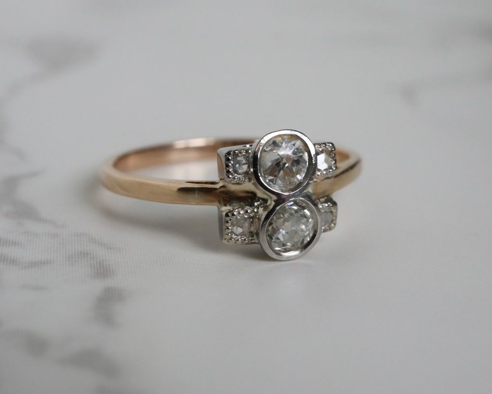 Art Deco diamond two stone ring set in 18ct yellow gold and platinum for sale in Leeds, Yorkshire