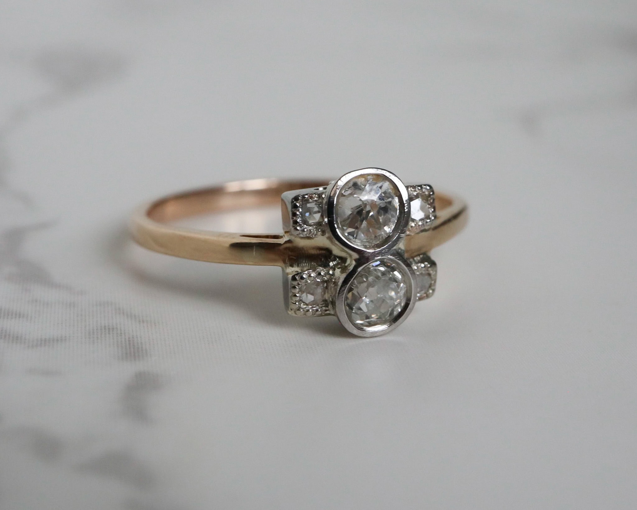 Art Deco diamond two stone ring set in 18ct yellow gold and platinum for sale in Leeds, Yorkshire