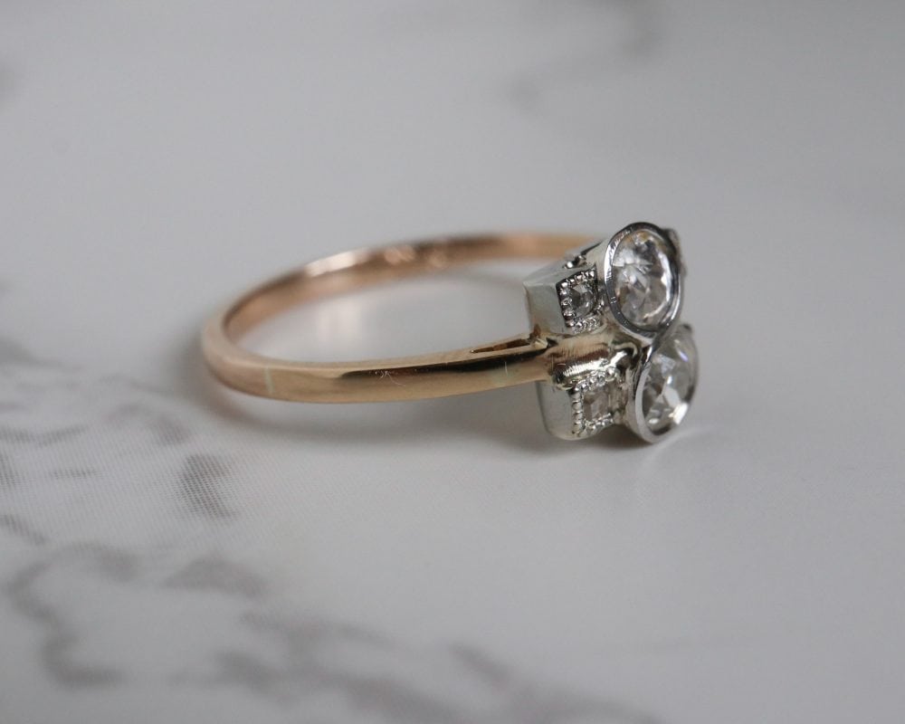 Art Deco diamond two stone ring set in 18ct yellow gold and platinum for sale in Leeds, Yorkshire
