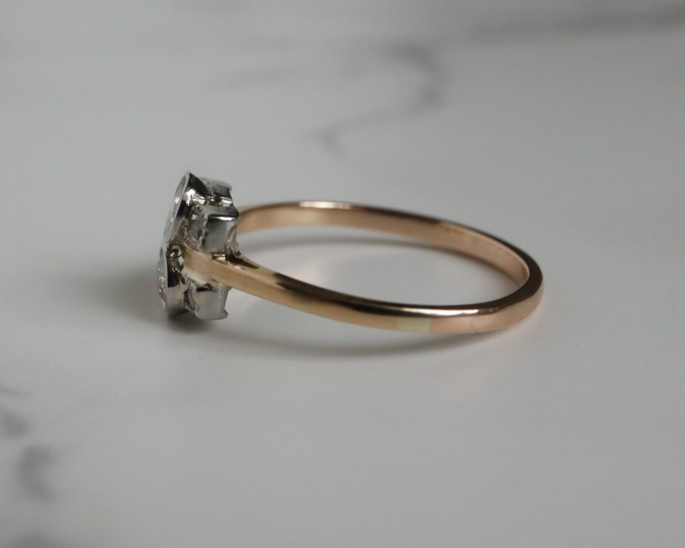 Art Deco diamond two stone ring set in 18ct yellow gold and platinum for sale in Leeds, Yorkshire